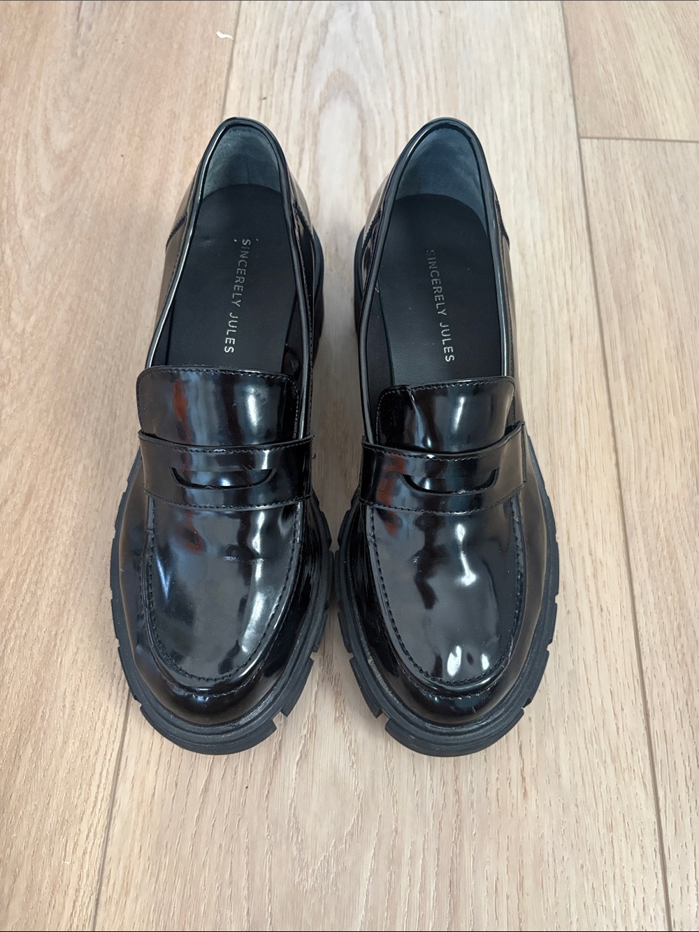Sincerly Jules Black Patent Penny Loafers with Lug Sole